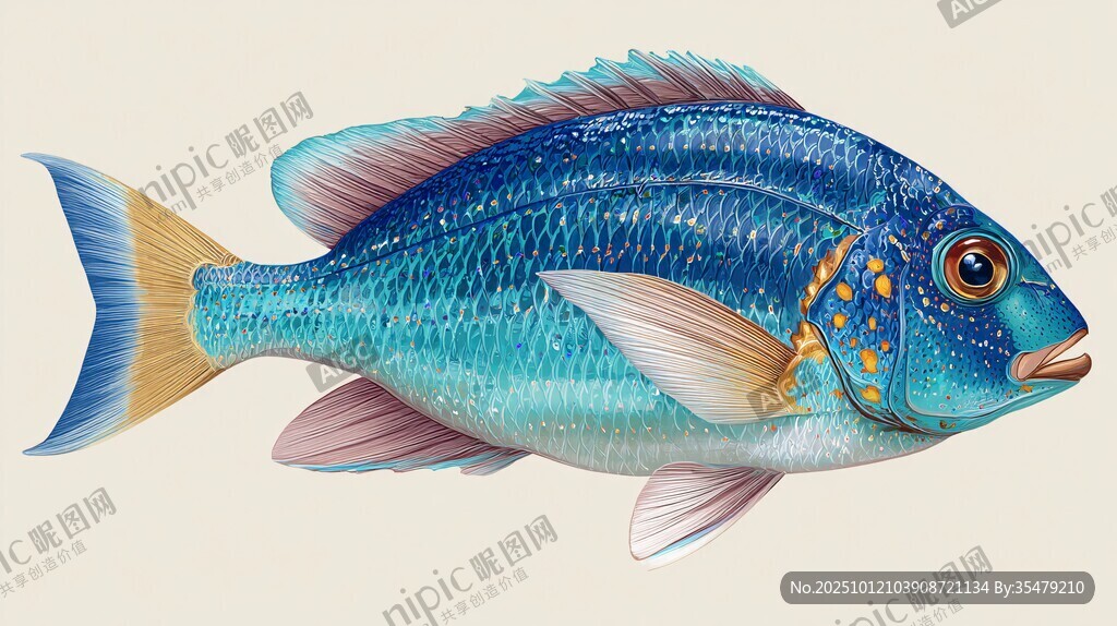 藍色絢麗海魚插畫