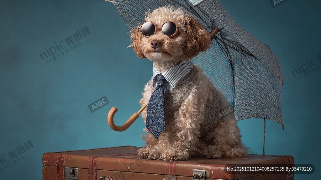 時尚扮相的萌犬撐傘而立