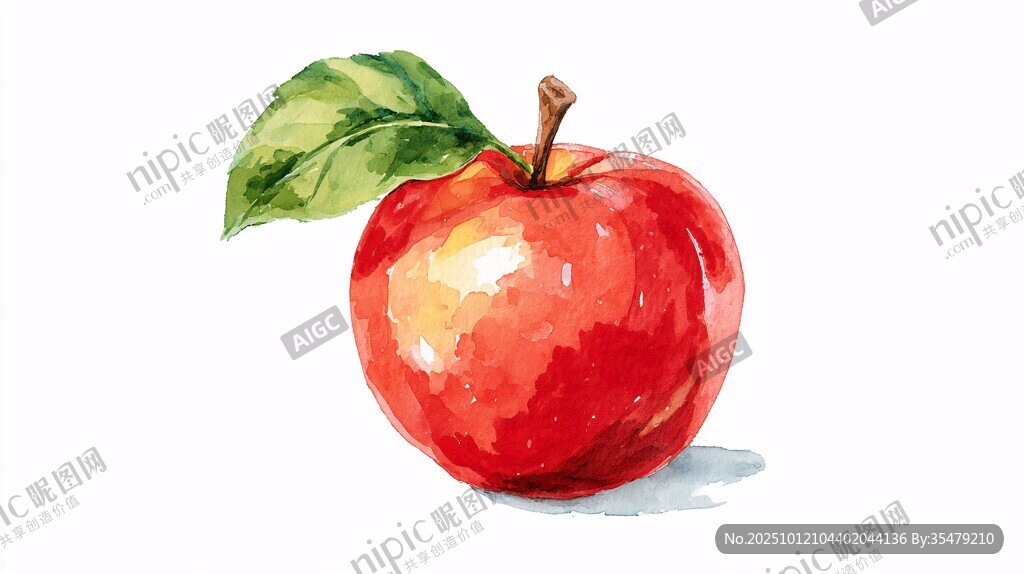 水彩畫中的紅蘋果與綠葉