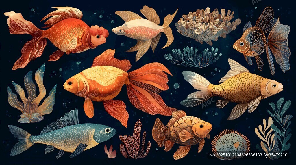 夢(mèng)幻金魚與海底植物插畫