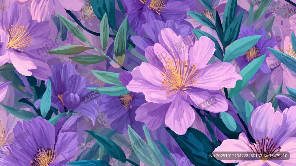 夢幻紫色花卉插畫圖案