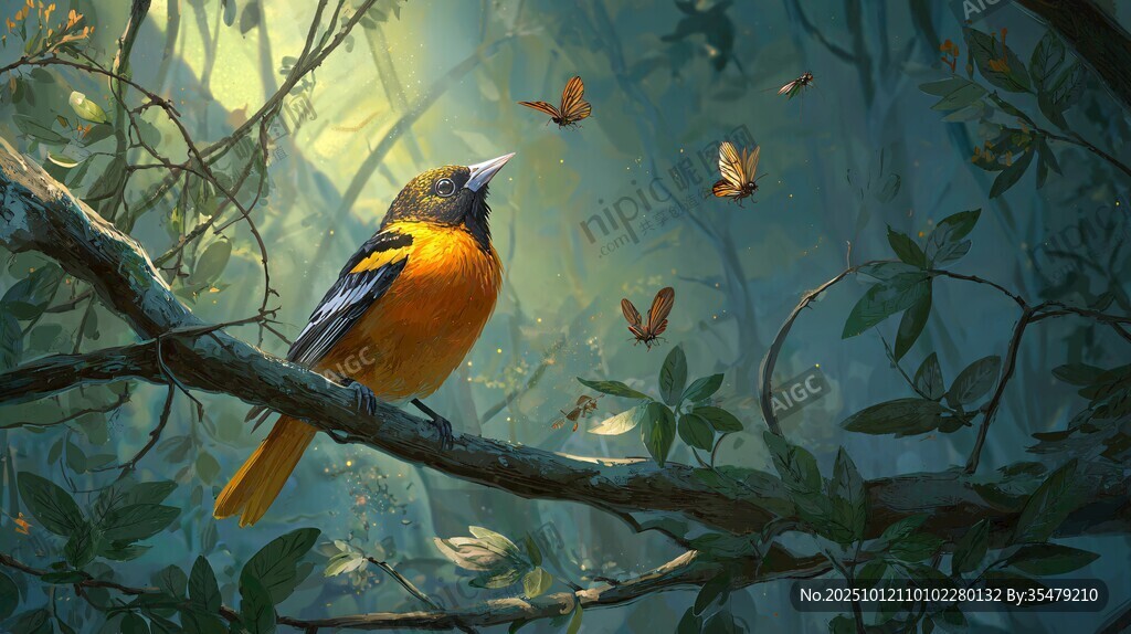 枝頭鳴鳥伴蝶舞的奇幻景