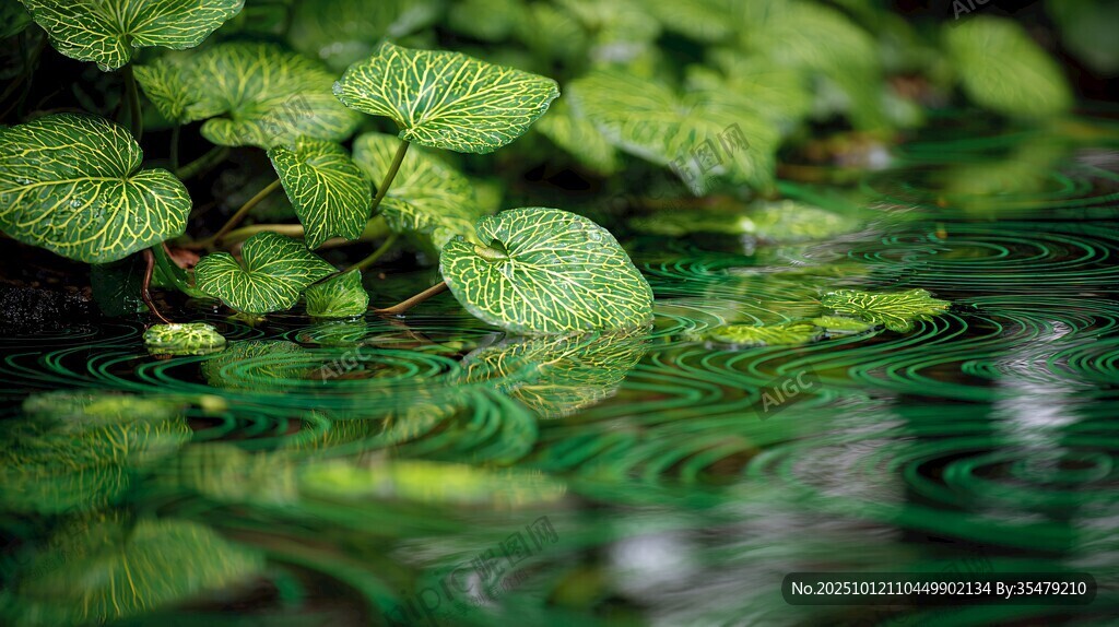 水邊綠葉泛起圈圈漣漪
