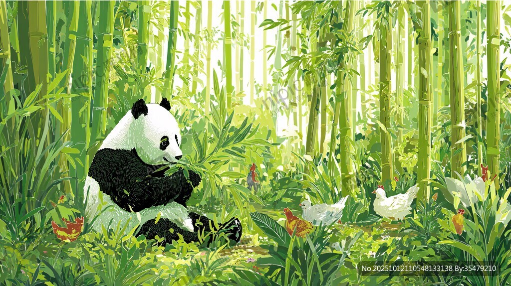 竹林中的熊貓與白鵝