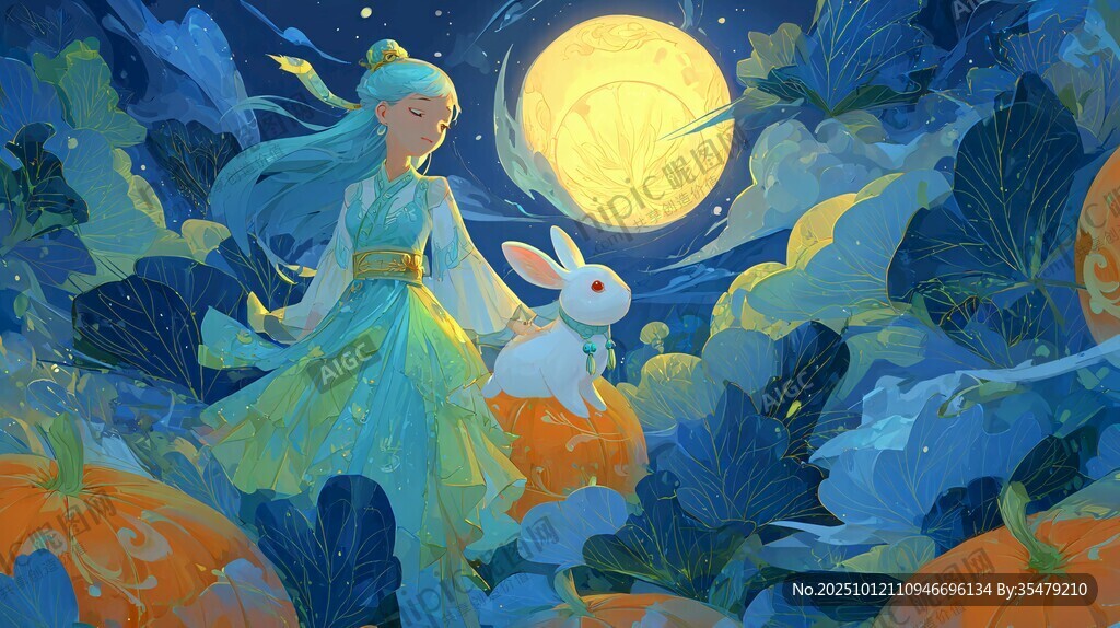 月夜下的少女與白兔