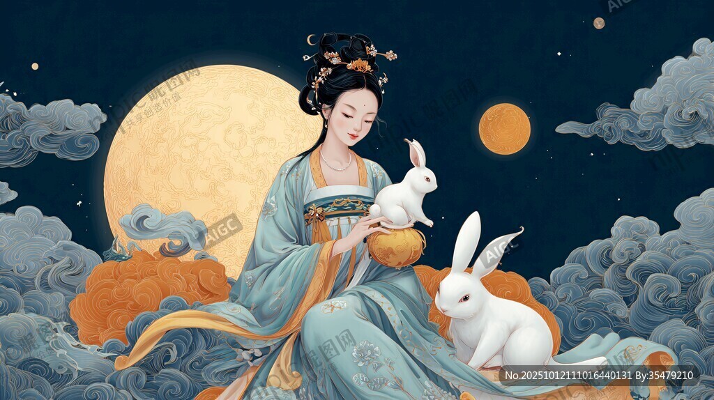 嫦娥伴玉兔于月夜云端