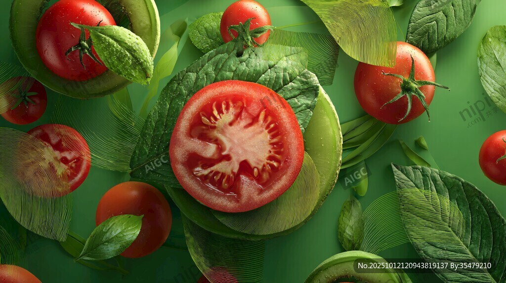 新鮮番茄與綠葉的生機(jī)組合