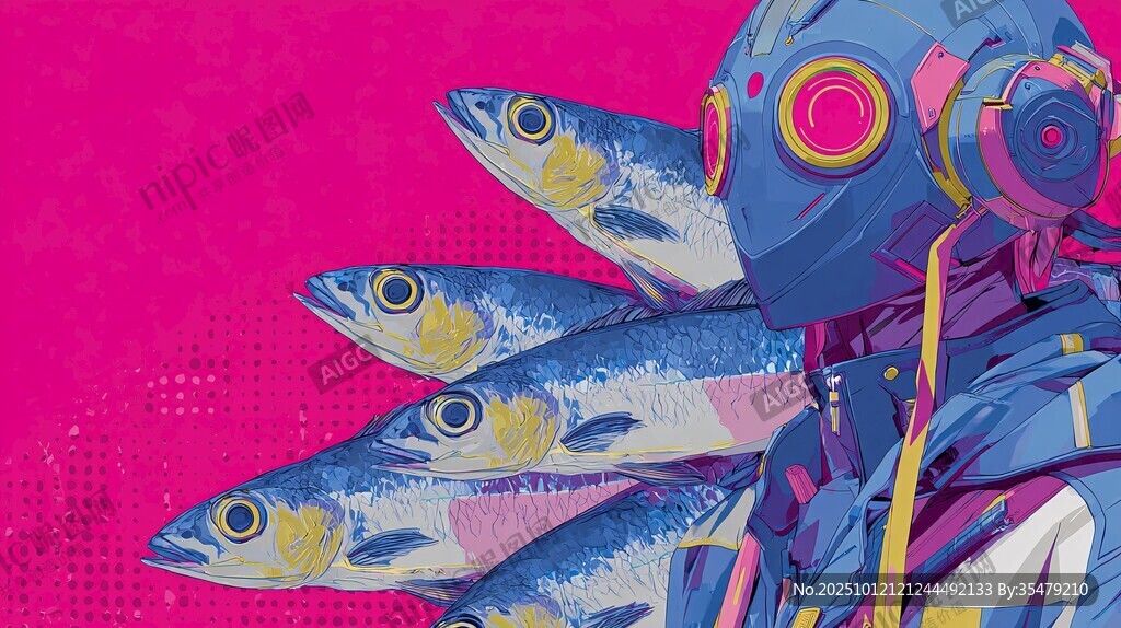 賽博風(fēng)人物與群魚插畫