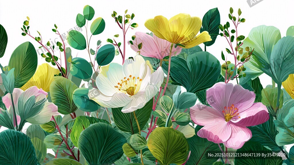 繽紛花卉綠植插畫圖
