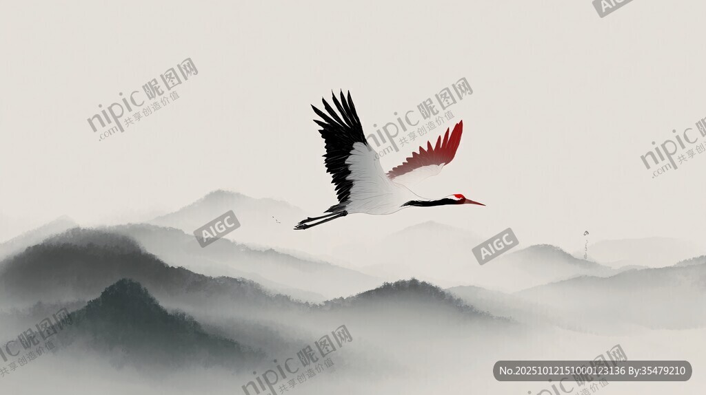 丹頂鶴翱翔于水墨山水間