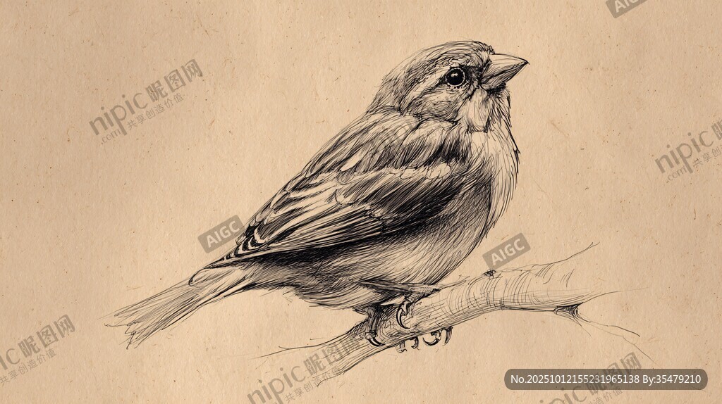 素描小鳥棲于枝頭