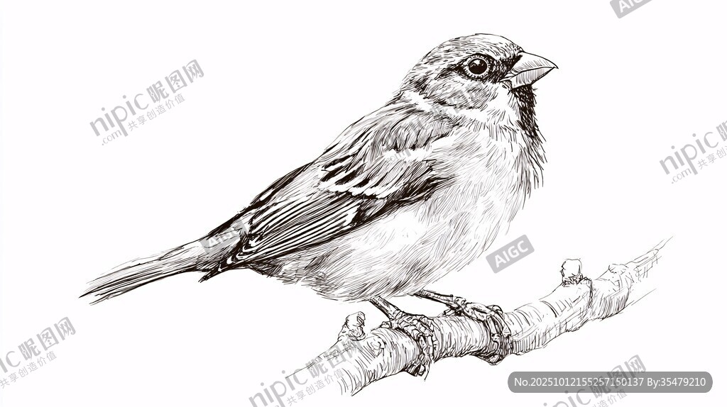 枝頭麻雀素描圖