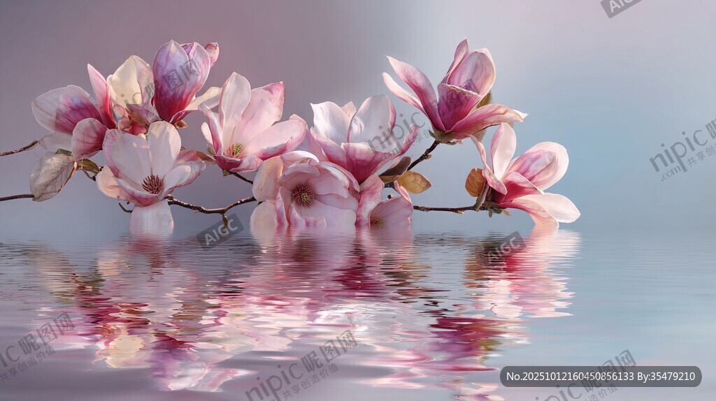 玉蘭花倒映水面的美麗景致