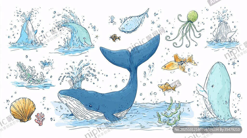 海洋生物水彩插畫集合