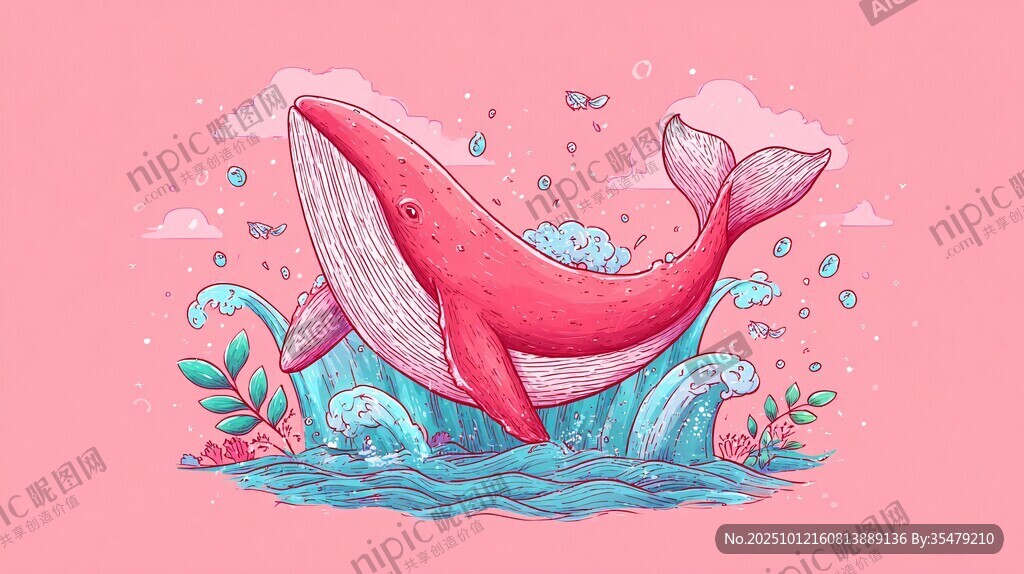 粉色鯨魚躍出藍色海浪
