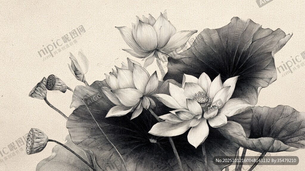 水墨風(fēng)荷花黑白素描畫(huà)