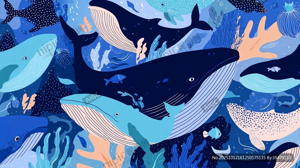 夢幻海洋鯨魚群插畫
