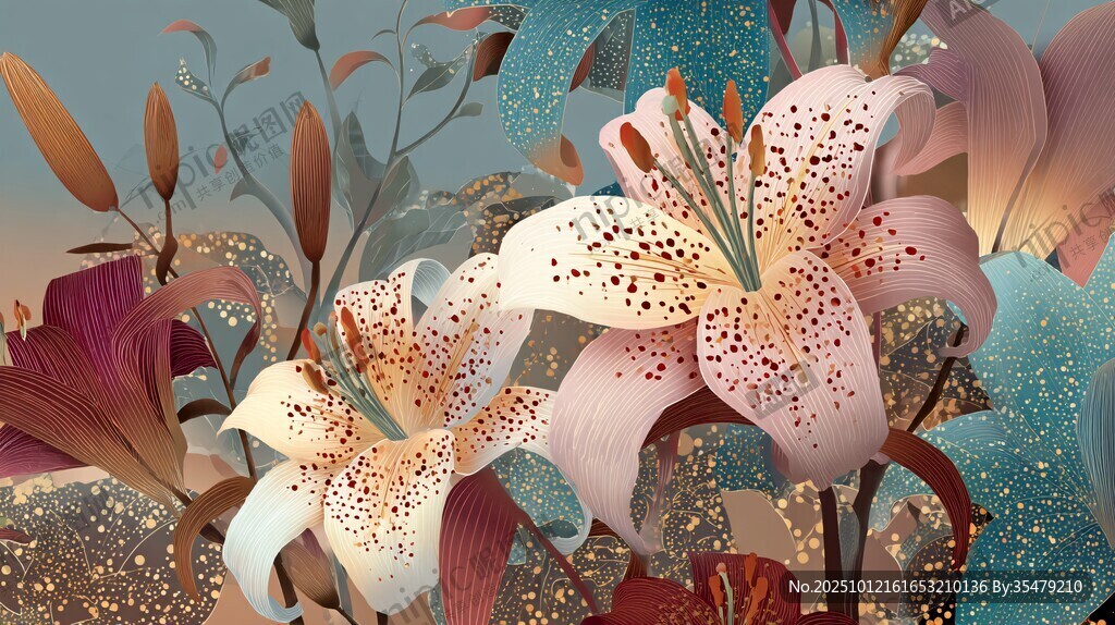 夢(mèng)幻百合花插畫花卉美景