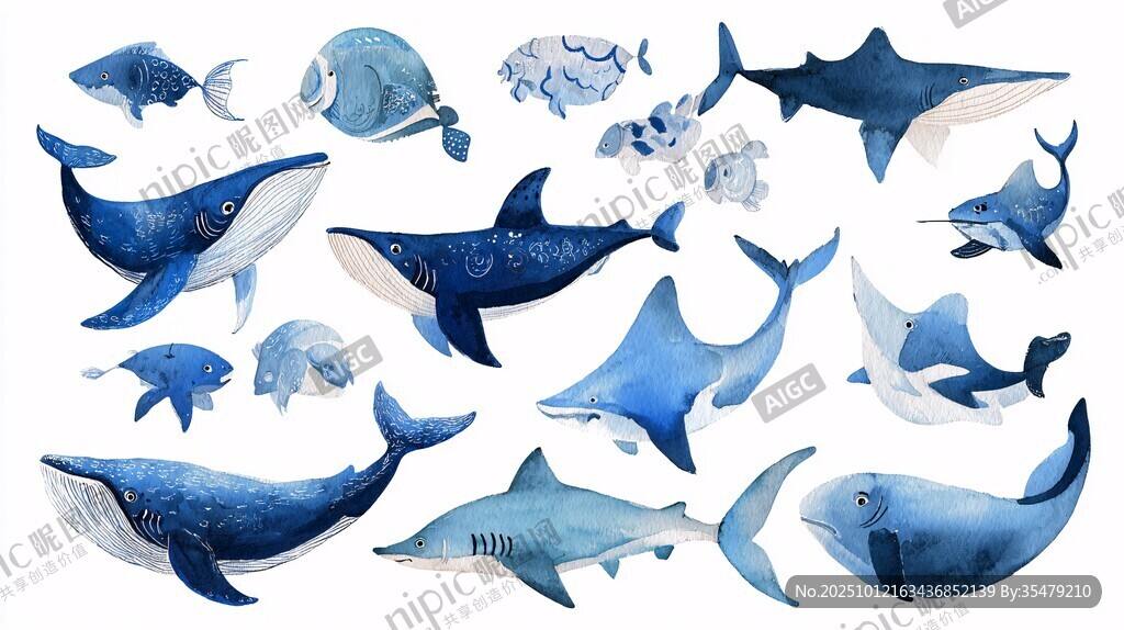 水彩海洋生物插畫集合