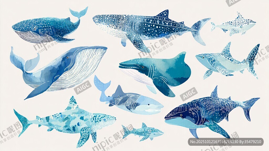 水彩風格多樣海洋鯨魚插畫