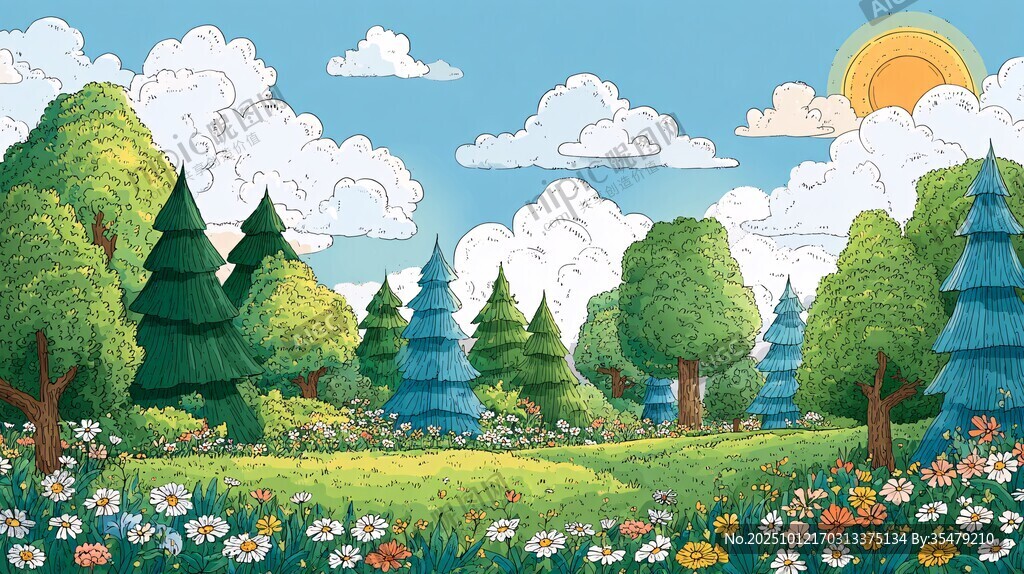 夏日森林美景插畫