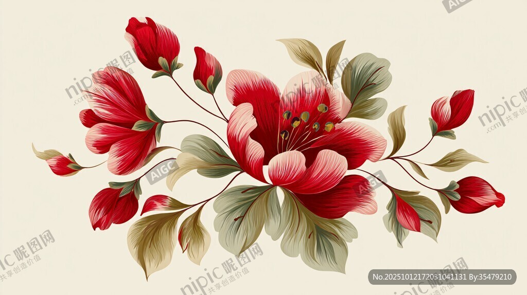 復(fù)古風(fēng)紅色花卉插畫圖案