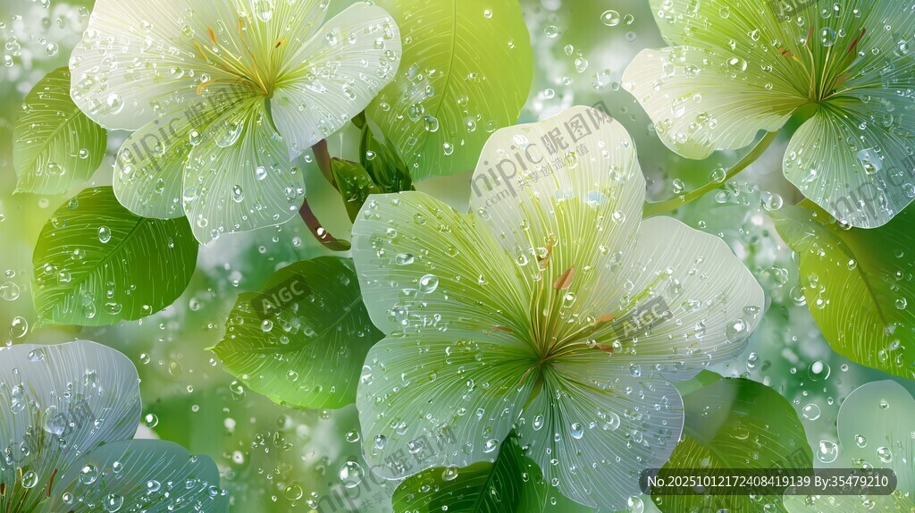 清新帶露花朵綠意盎然