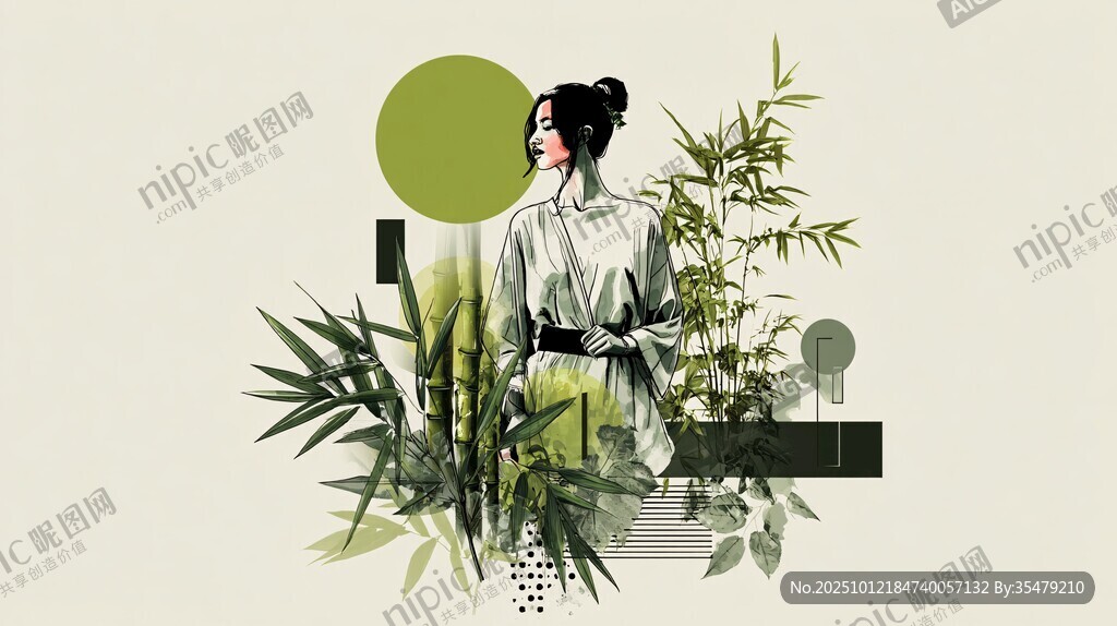 古風(fēng)女子與翠竹雅致畫面