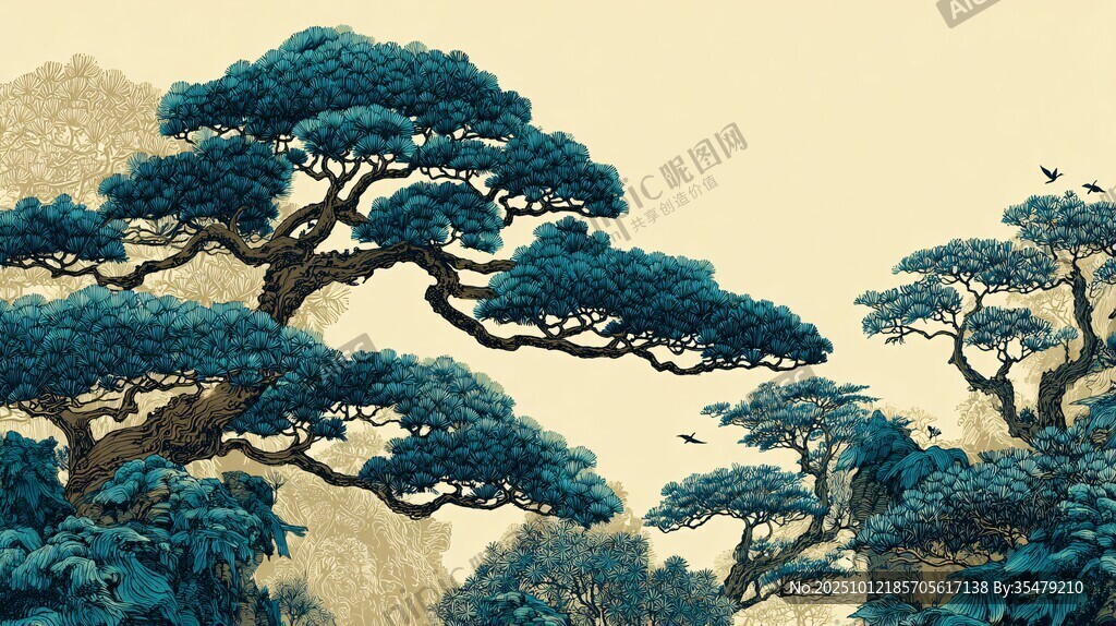 蒼松傲立山水間