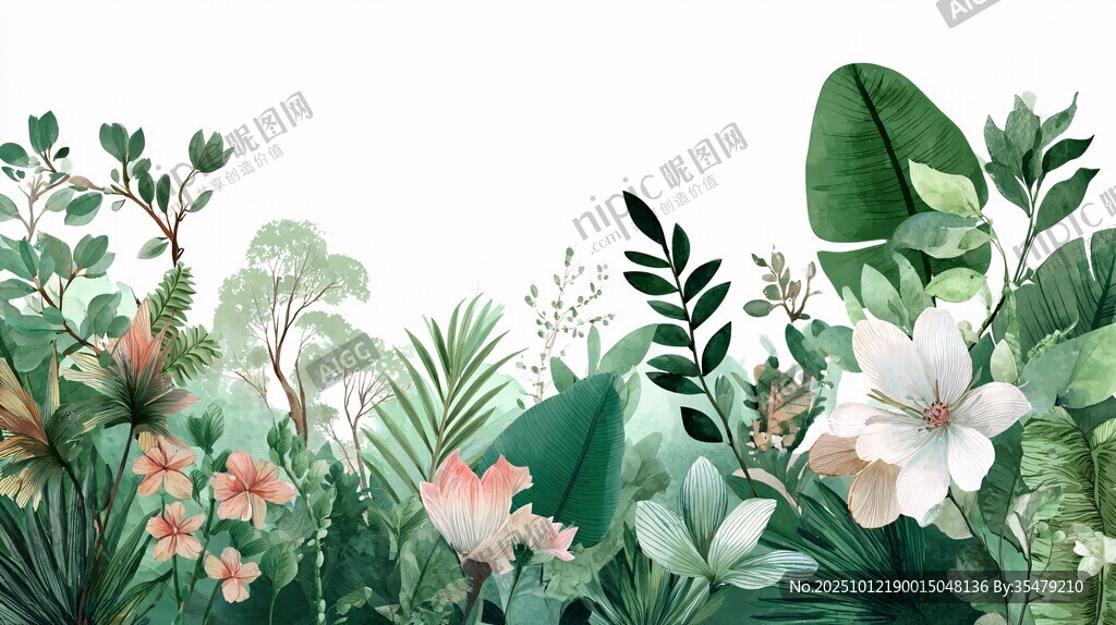 熱帶綠植花卉清新插畫