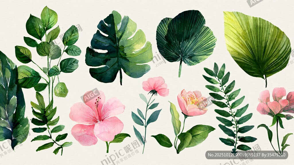 水彩風(fēng)花卉綠植插畫素材