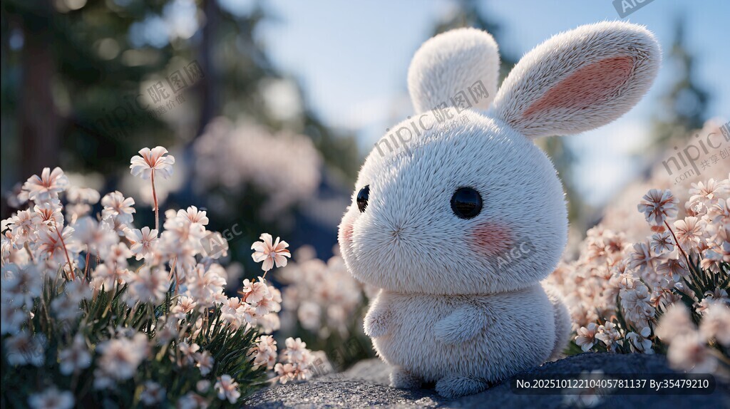 萌趣白兔置身爛漫花叢中