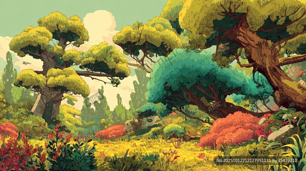 奇幻森林中的多彩樹木景觀