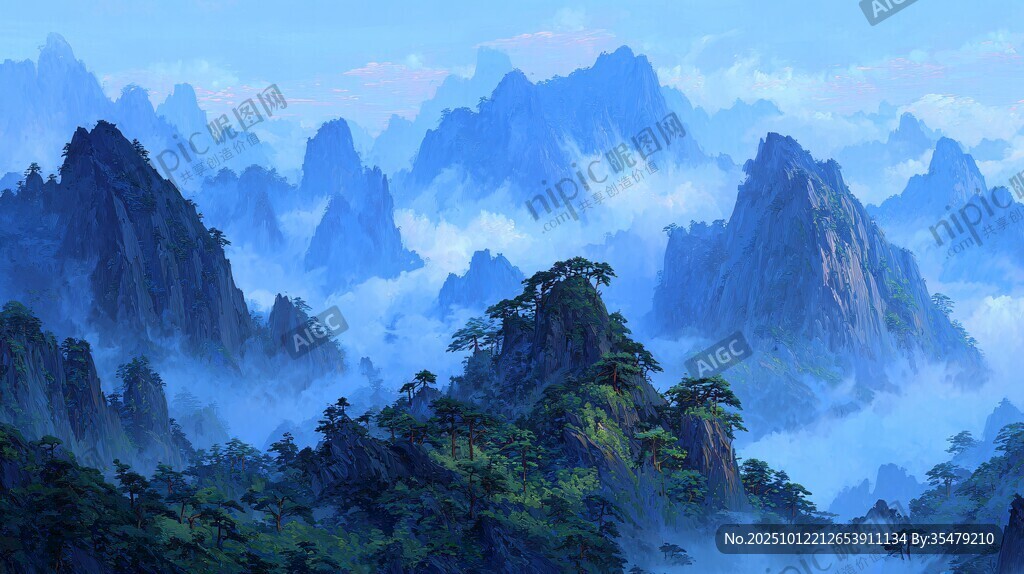 水墨群山間的縹緲云霧