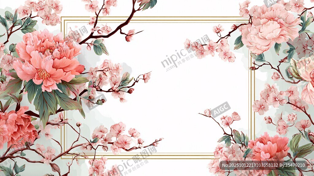 中式粉花邊框唯美背景圖