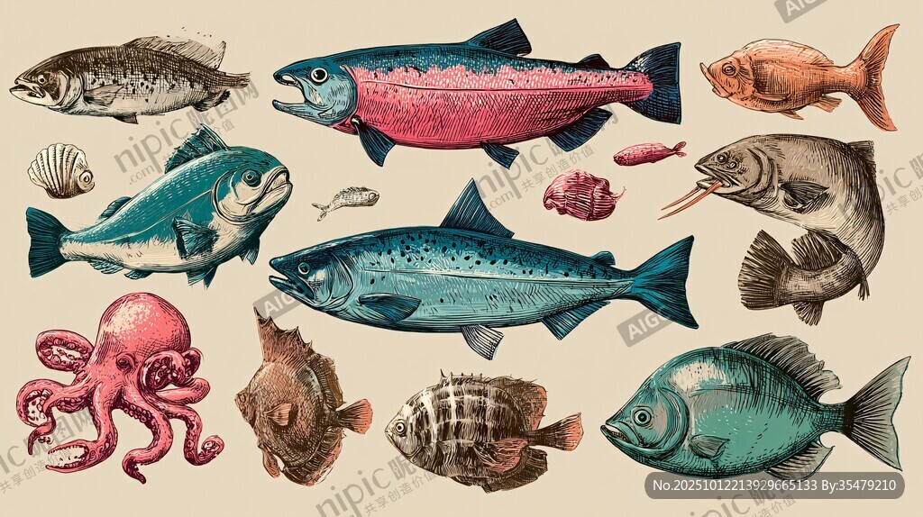 多樣海洋魚類插畫集合