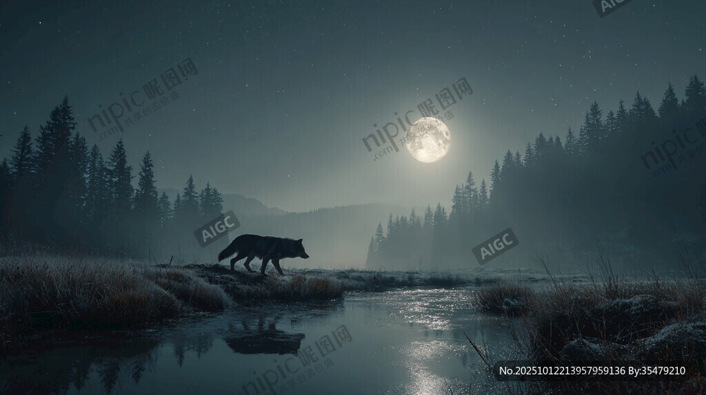 月夜孤狼行于靜謐森林