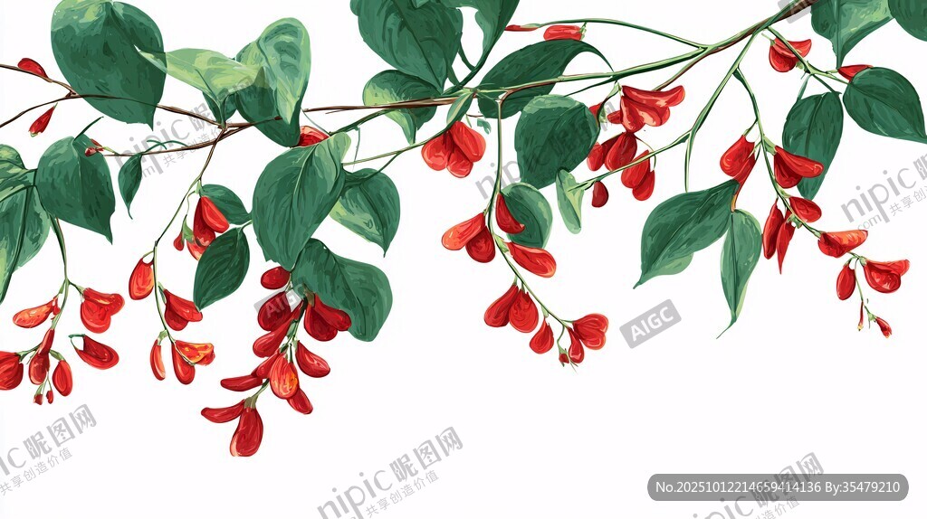 紅果綠葉植物枝條插畫
