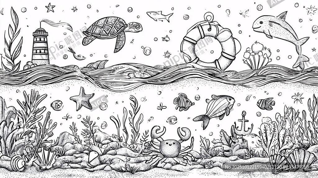 海底世界黑白手繪插畫
