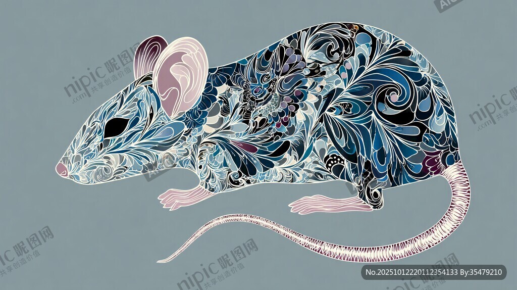 藍紫花紋鼠插畫