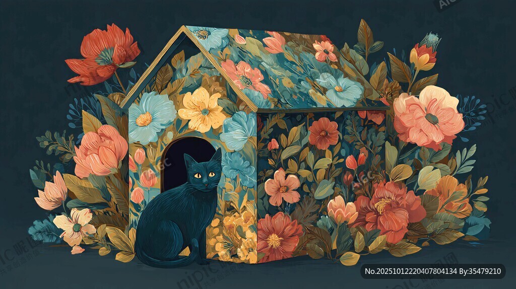 花簇中的黑貓小屋