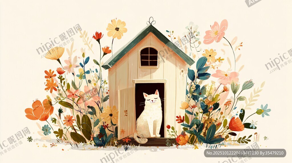 花簇中的貓咪小屋