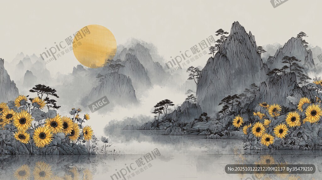 水墨山水間的向日葵盛放