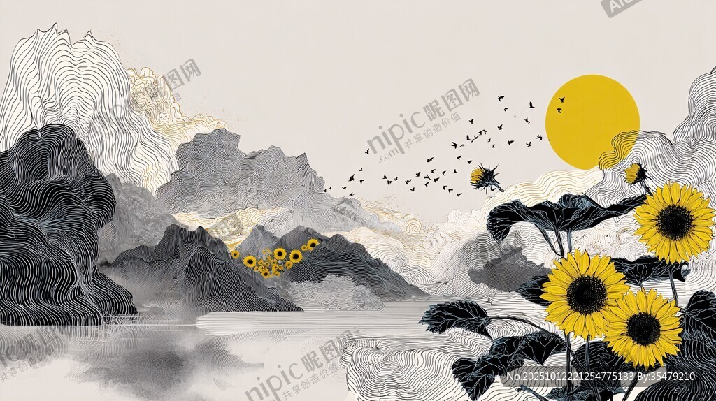 水墨風(fēng)向日葵山水畫卷