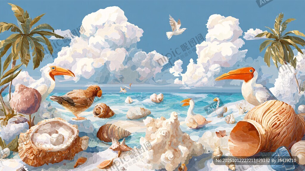 夢(mèng)幻海灘上的海鳥與貝殼
