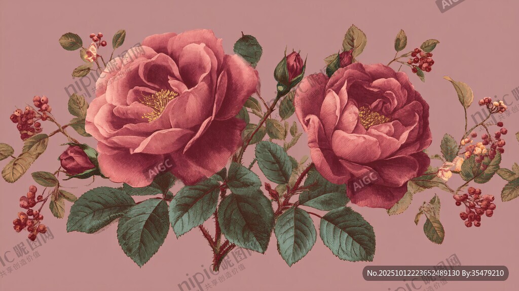 復古風粉色玫瑰花插畫