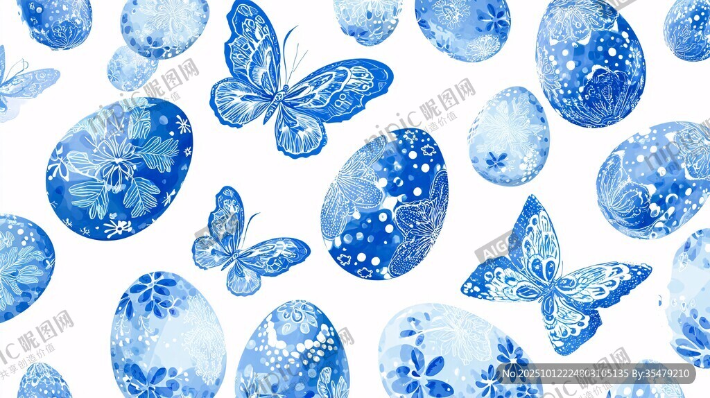 藍白水彩風(fēng)蝴蝶與彩蛋圖案
