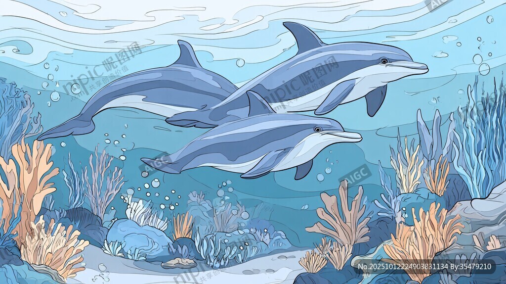海豚悠游海底夢幻珊瑚間