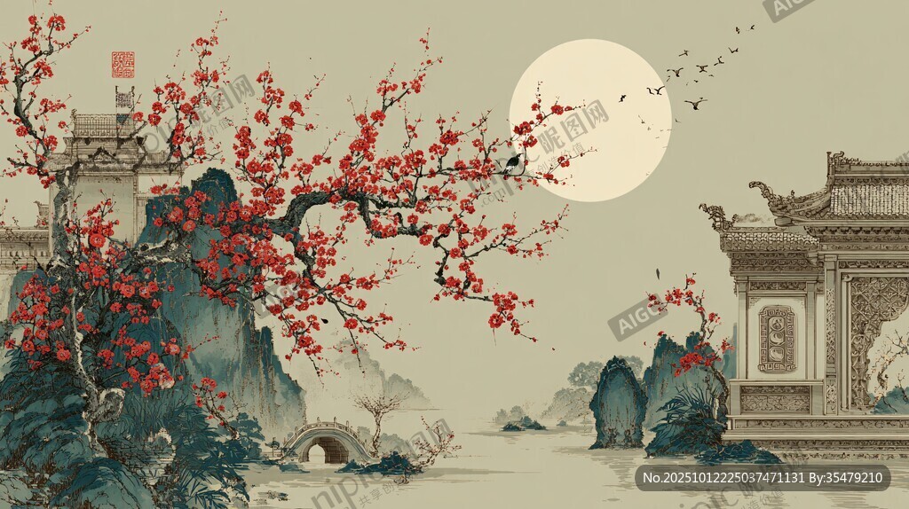 月夜中式美景圖