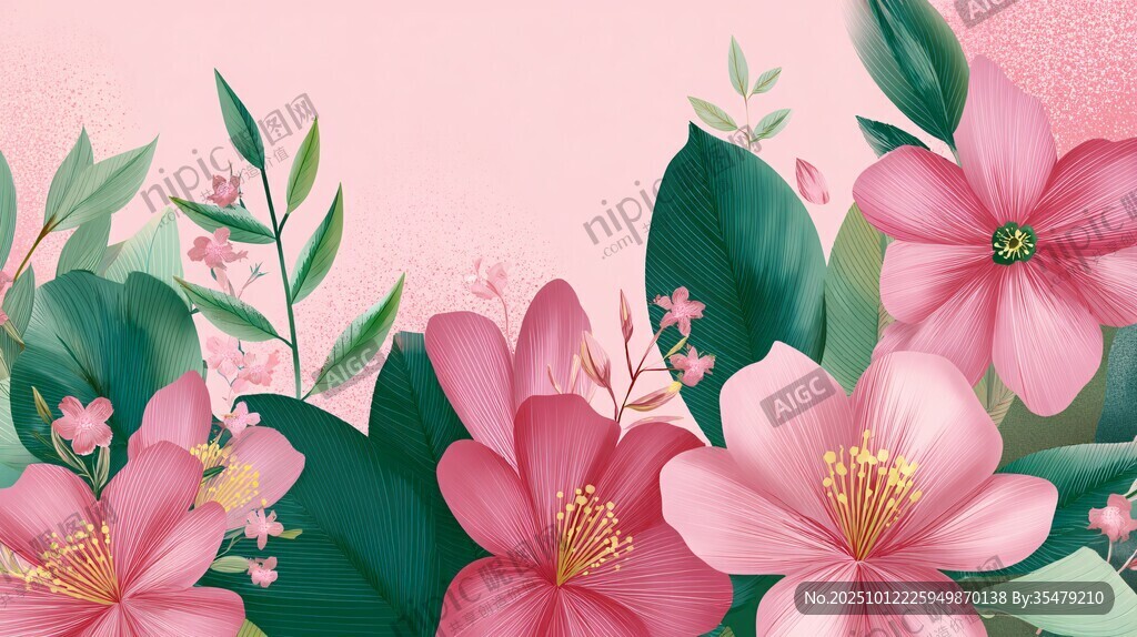 粉色花卉綠葉清新背景圖